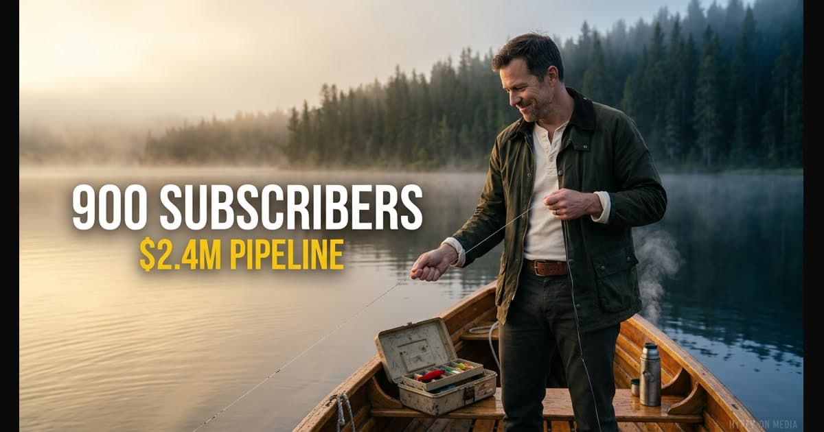 A lone fisherman on a misty lake at dawn pulling in a line, surrounded by empty water — nobody else fishing