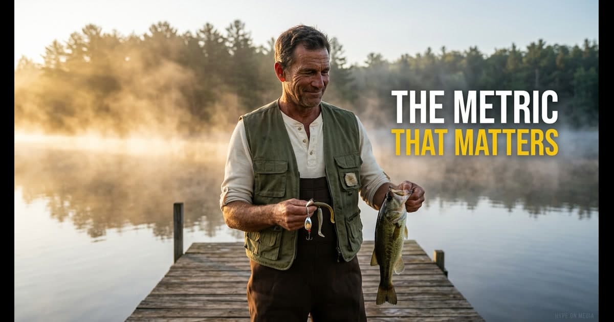 A fisherman on a misty golden-hour lake holding three different lures and a bass — visual analogy for YouTube thumbnail A/B testing where the right lure catches keepers, not just any fish