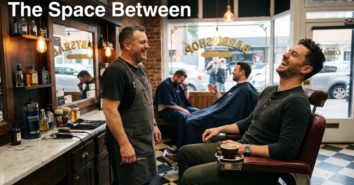 Warm cafe inside a movie theater lobby with animated group discussion, empty darkened cinema screen visible through glass wall behind them