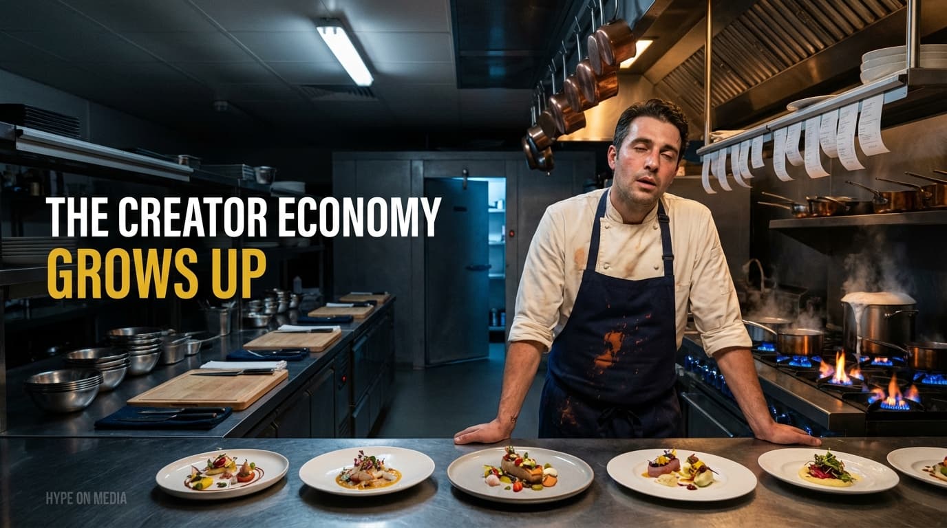 Exhausted chef alone in professional kitchen at 3AM — six perfect dishes on the pass, every burner lit, no team in sight. The creator economy's burnout crisis visualized.