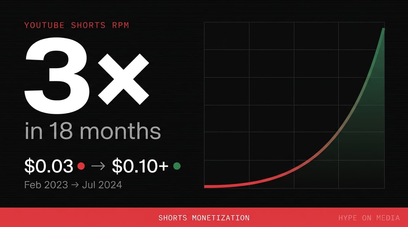 Infographic showing YouTube Shorts RPM growth trend converging with long-form revenue over 18 months