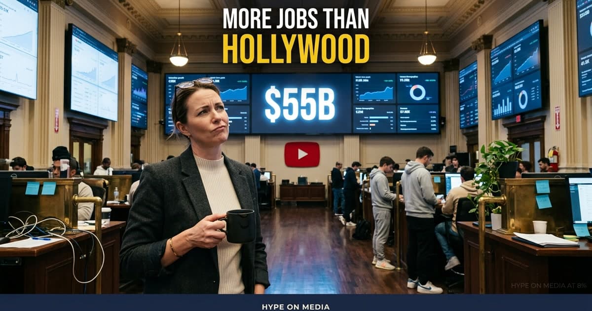 Stock exchange trading floor with YouTube analytics on the screens instead of stock tickers — the creator economy visualized as a financial institution.