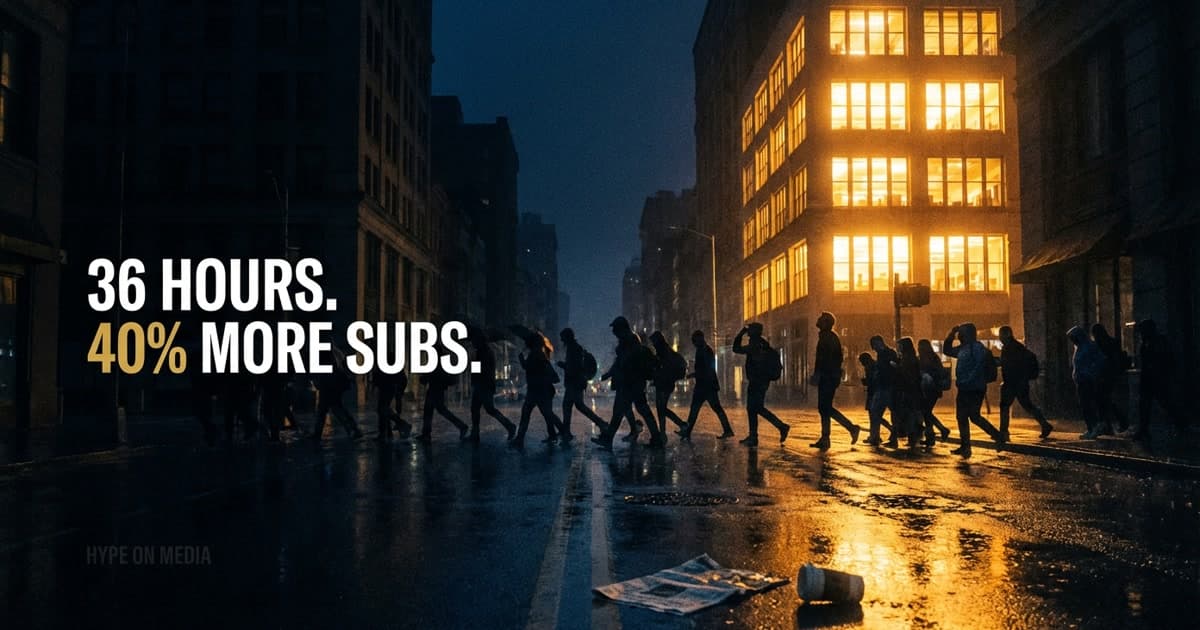 Dark city block during power outage with one brightly lit building and crowds streaming toward it from dark streets