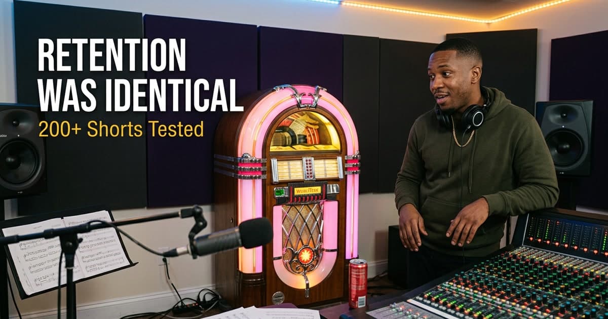 A retro jukebox glowing in a modern recording studio while a producer looks at it with surprised approval — the AI music analogy