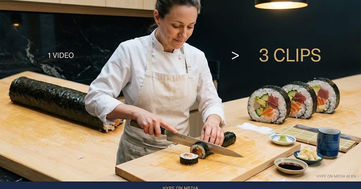 Sushi chef's hands precisely slicing one long roll into perfect individual pieces — the visual metaphor for cutting a YouTube video into LinkedIn-ready clips.