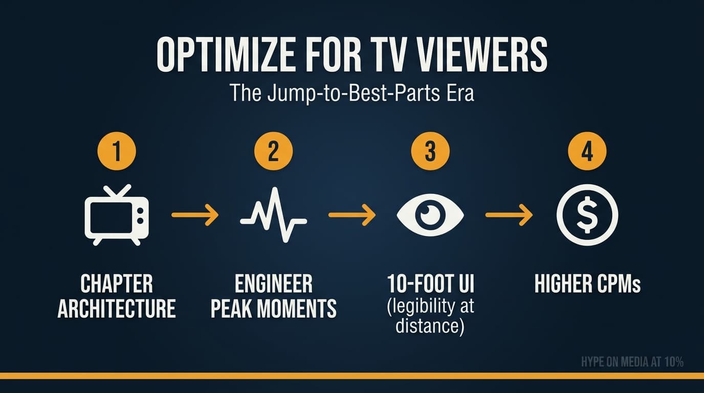 YouTube video playing on a smart TV with chapter markers and jump-to-best-parts interface visible