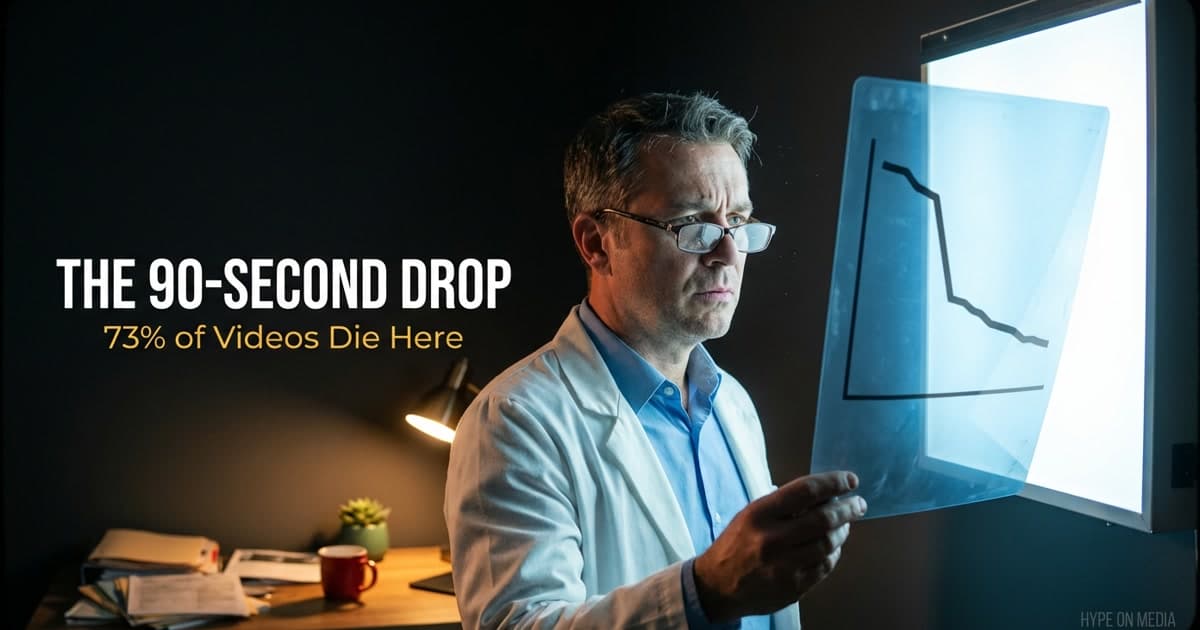 A radiologist holding up an X-ray that shows a YouTube retention curve instead of bones — the analytics analogy for diagnosing video performance