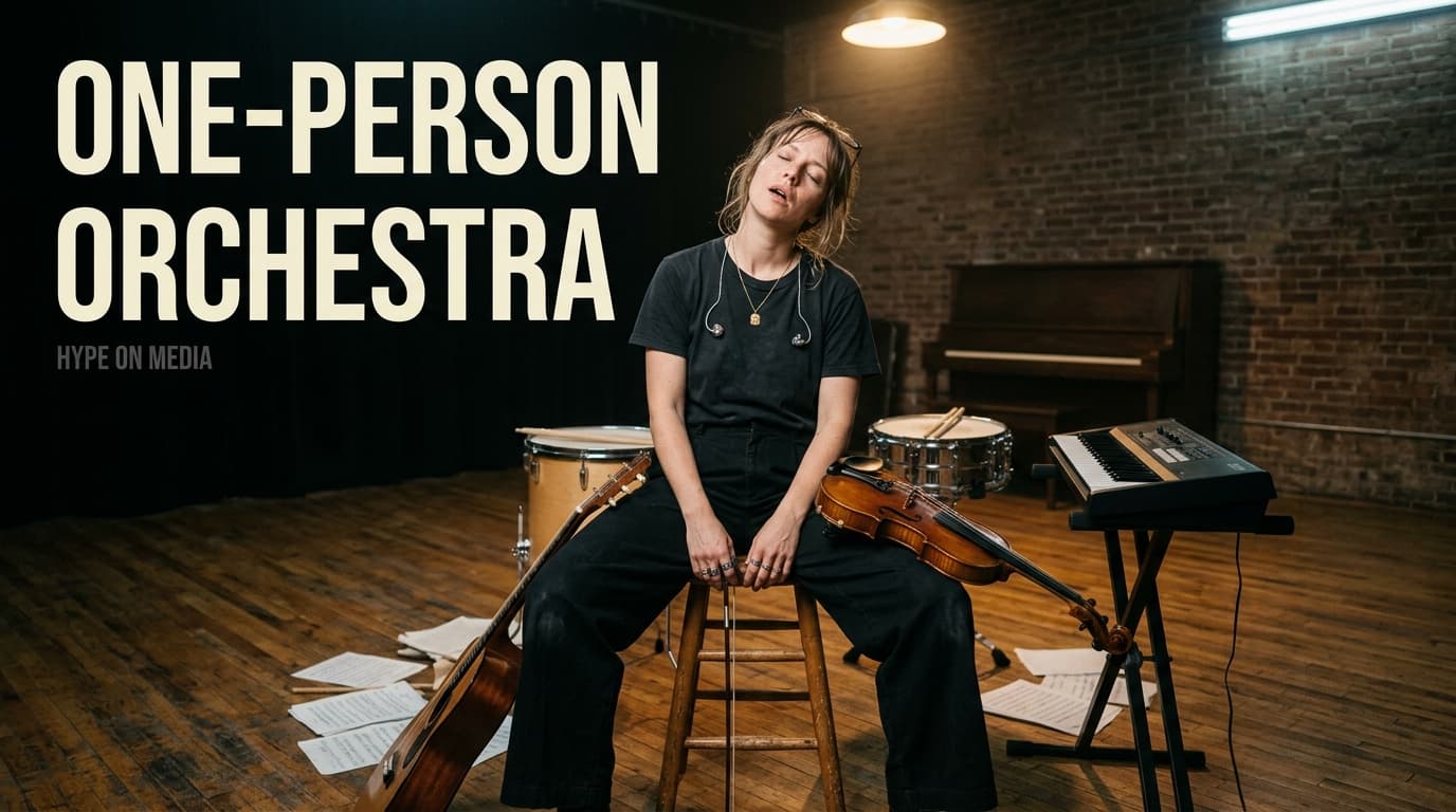 Exhausted creator surrounded by instruments in a one-person orchestra — the burnout metaphor for trying to do everything alone