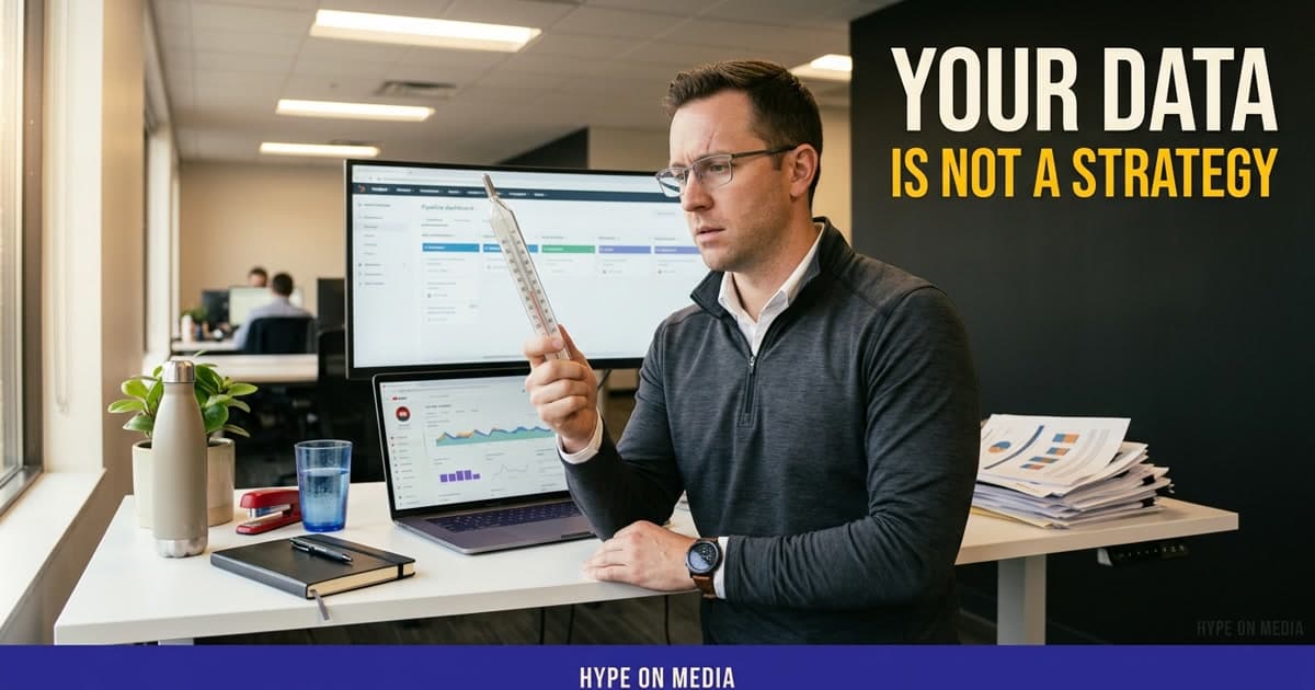 Person holding a thermometer showing a normal reading while surrounded by symptoms of a deeper problem — the gap between data access and diagnosis.