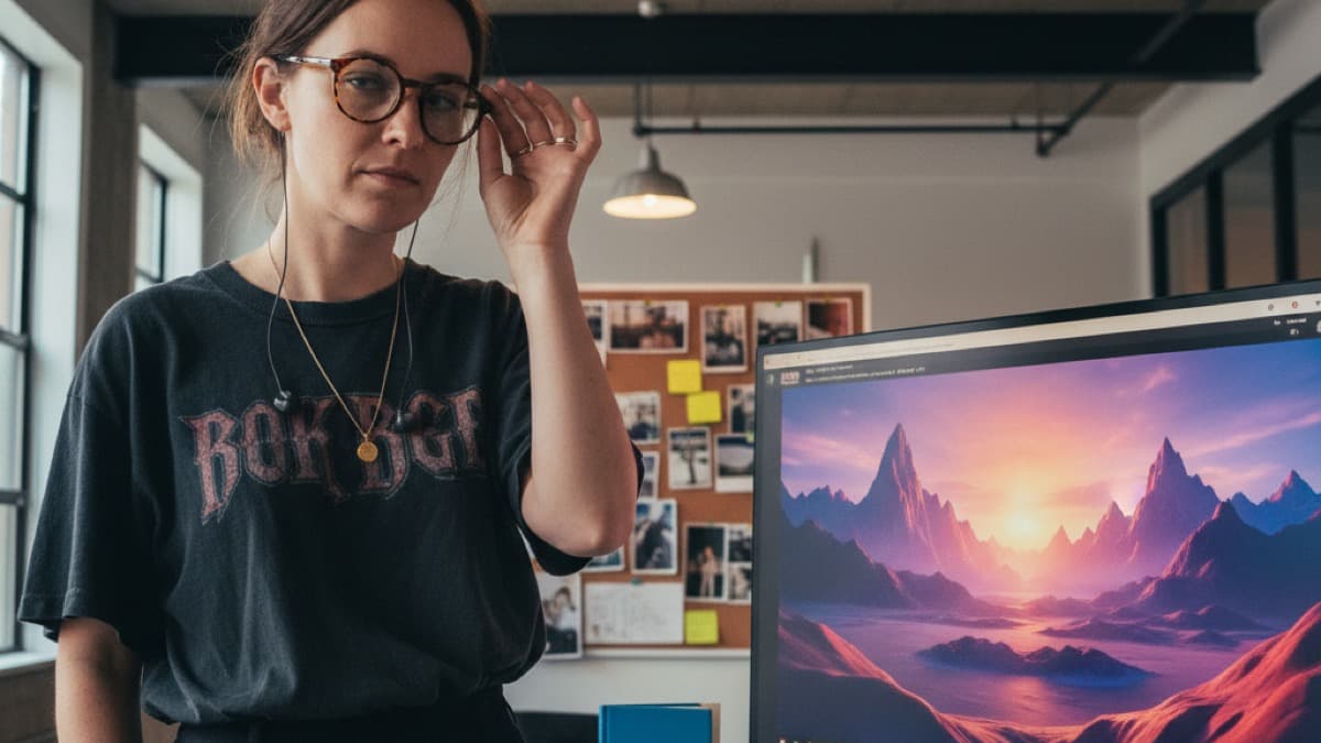 Creative director examining AI-generated video background on studio monitor with skeptical expression