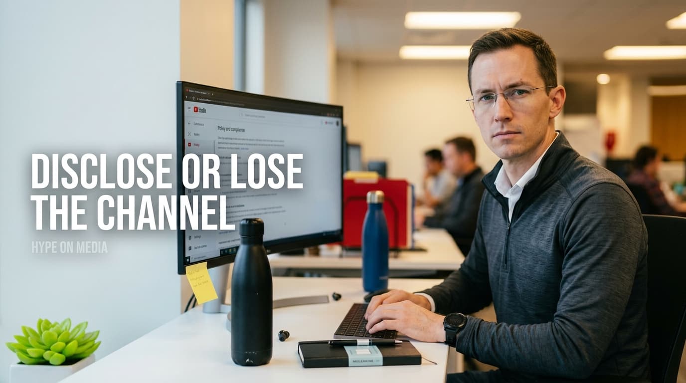 Infographic showing YouTube's AI disclosure label system and compliance requirements for brands