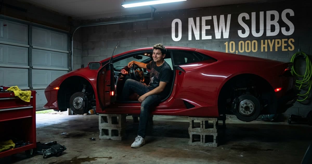 Man sitting in a sports car on cinder blocks staring proudly at a 200mph speedometer while the car goes nowhere — a visual metaphor for YouTube Hype metrics