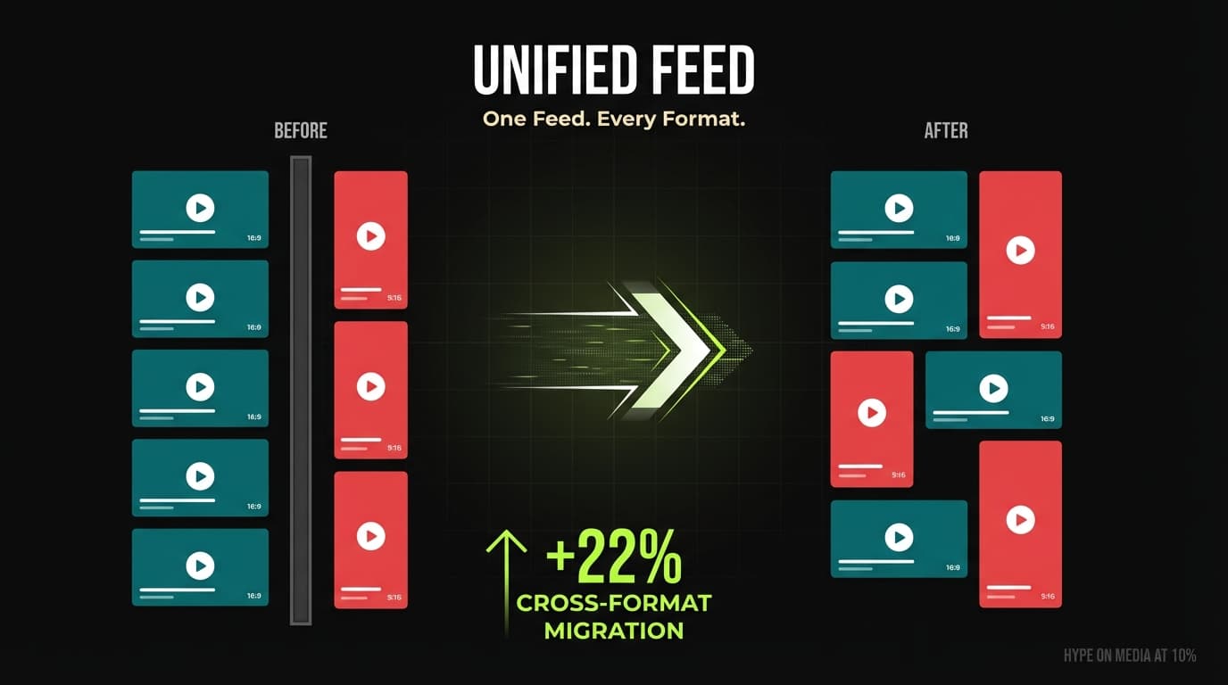 Infographic showing YouTube's unified feed merging Shorts and long-form content into a single discovery surface