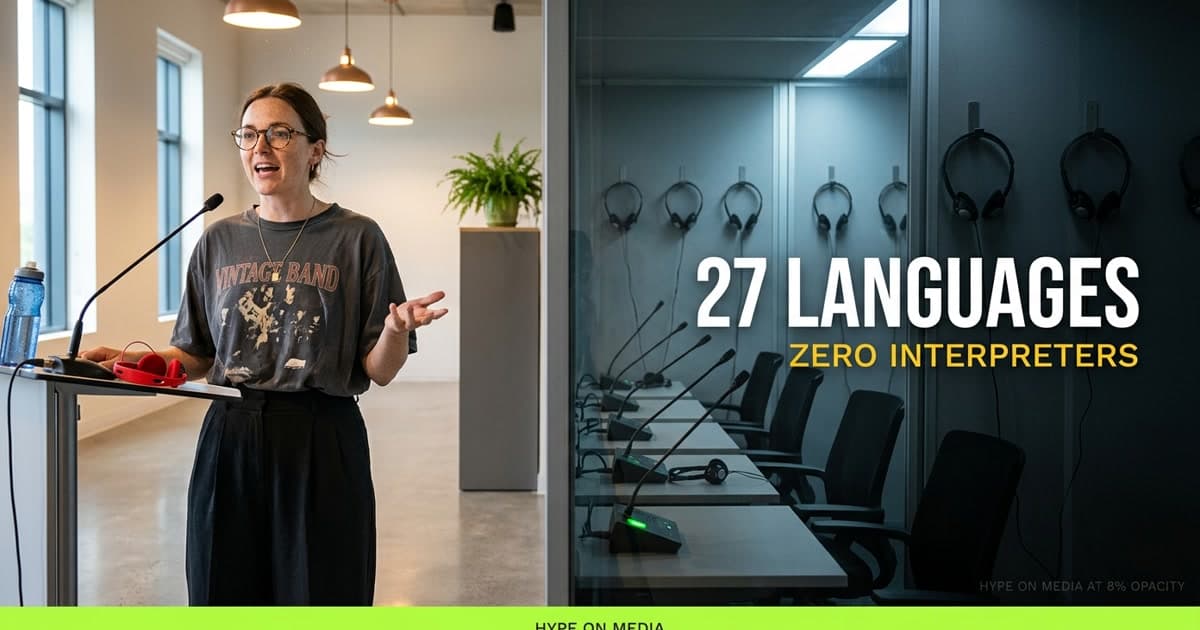 Empty UN interpreter booths behind glass with headsets hanging untouched — a single speaker at the microphone in the foreground, voice splitting into 27 languages without human help.